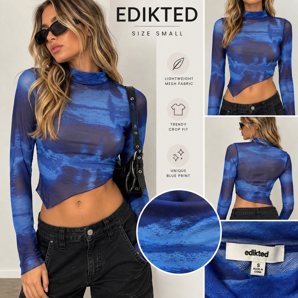 Edikted Blue Abstract Mesh Long Sleeve Asymmetrical Mock Neck Crop Top Small